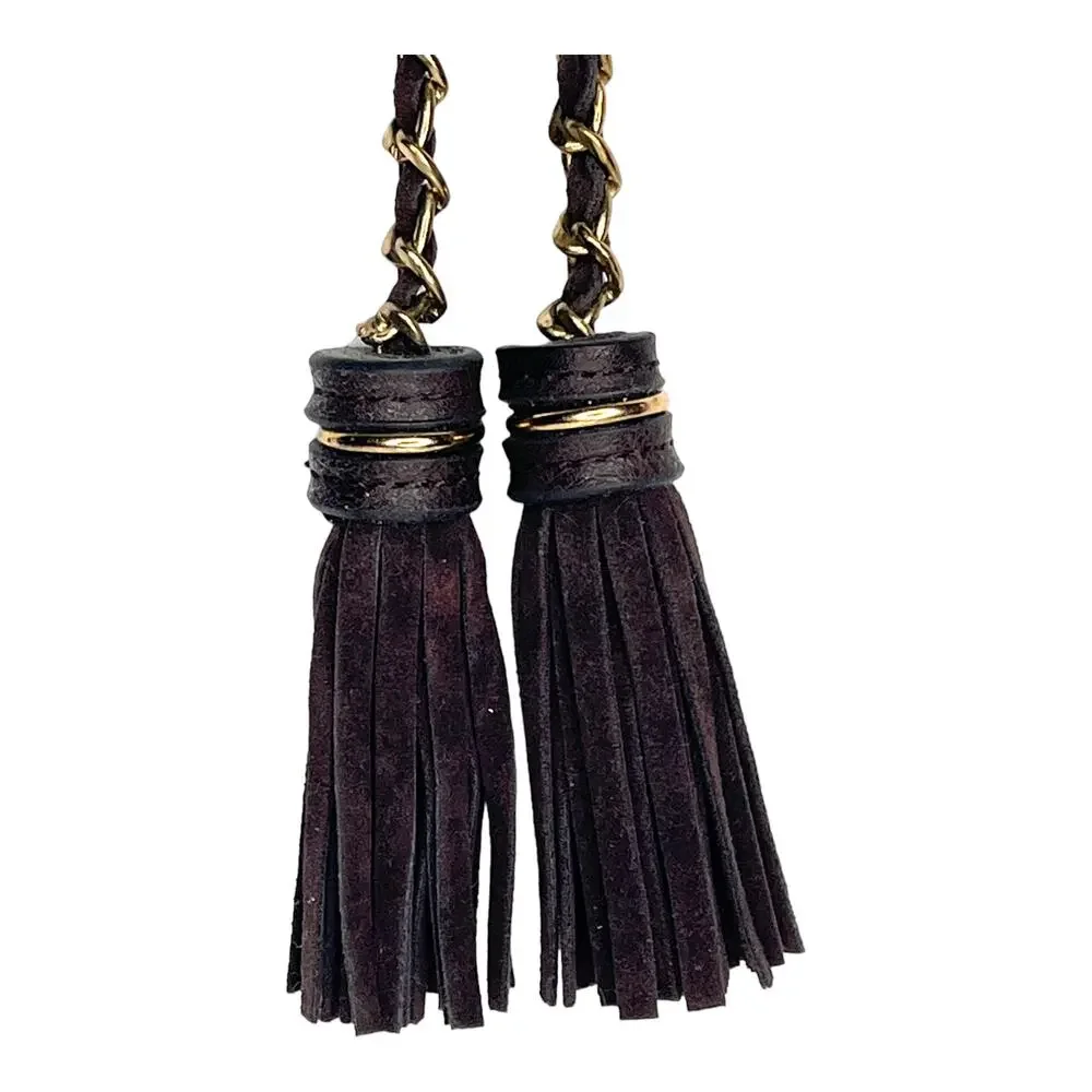 Leather Purse Charm Double Brown Suede Leather Gold Chain Tassels Handbag Fob